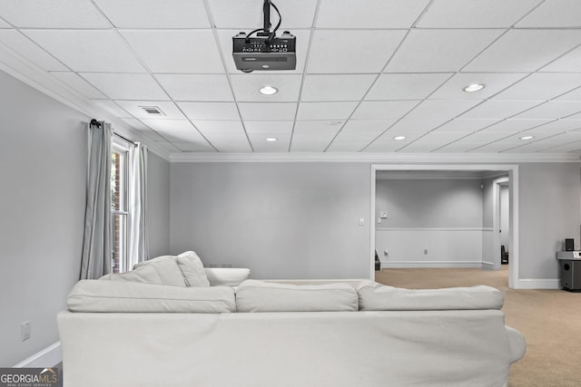 carpeted living room with crown molding