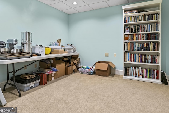 misc room featuring a paneled ceiling and carpet flooring