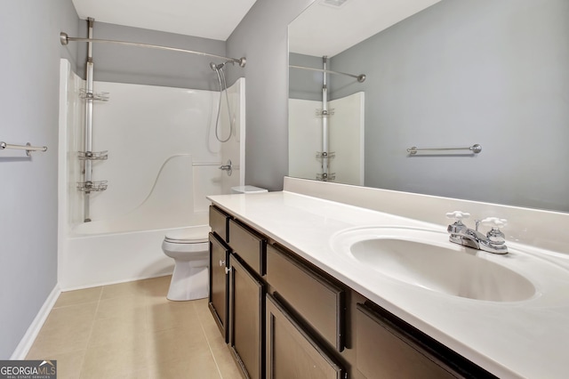 bathroom featuring vanity, shower / tub combination, toilet, and tile patterned floors