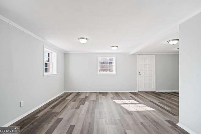 spare room with ornamental molding, a wealth of natural light, and hardwood / wood-style flooring