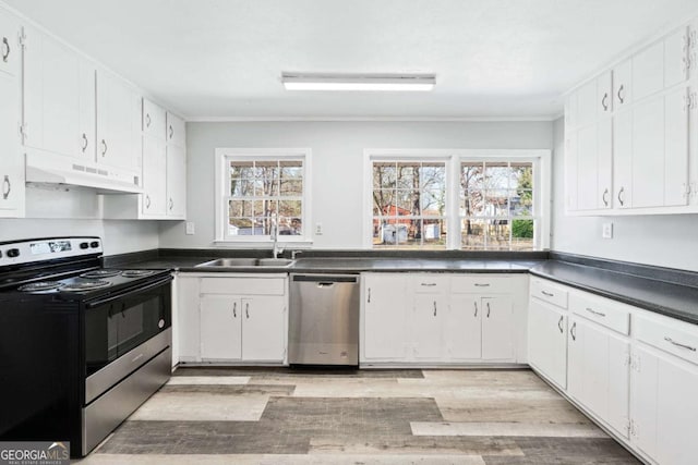 kitchen with stainless steel appliances, white cabinets, sink, and plenty of natural light