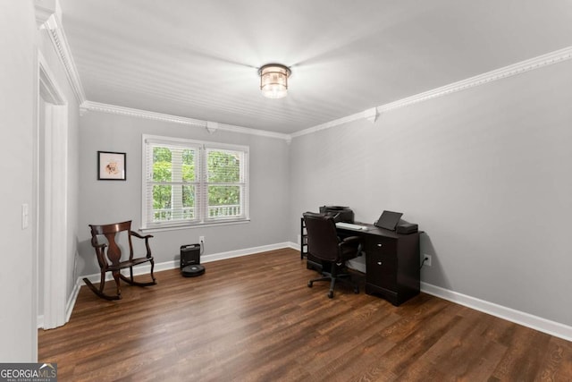 home office with ornamental molding and dark hardwood / wood-style floors