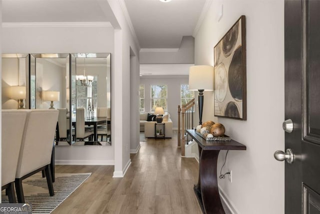 entryway featuring ornamental molding, a notable chandelier, and light hardwood / wood-style flooring