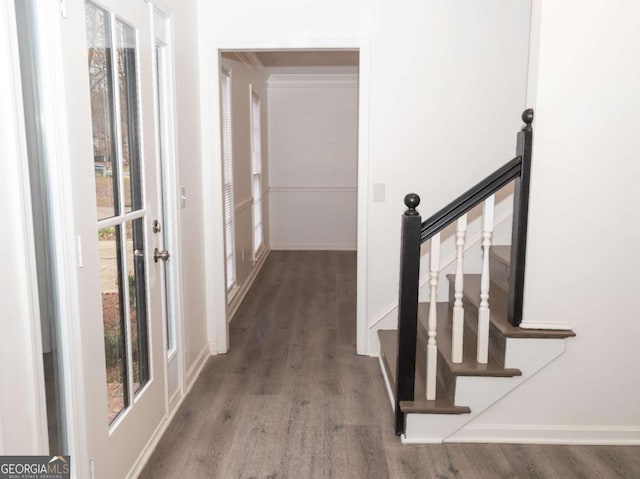 hall featuring wood-type flooring and crown molding