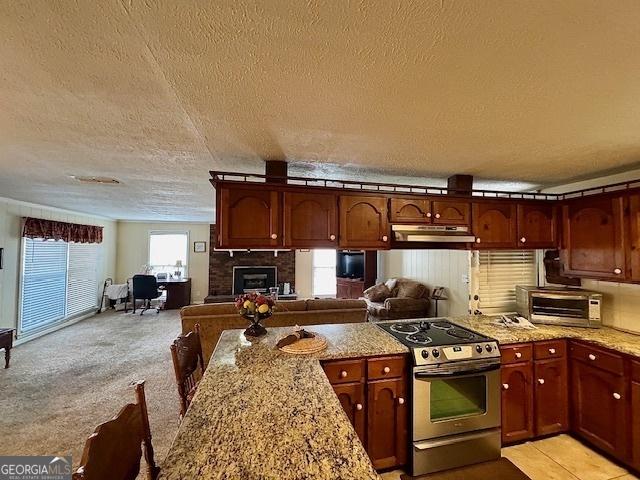 kitchen with a textured ceiling, light stone counters, stainless steel electric stove, and light carpet