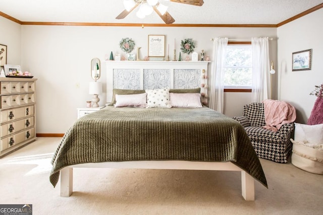 bedroom with light carpet, ceiling fan, and ornamental molding