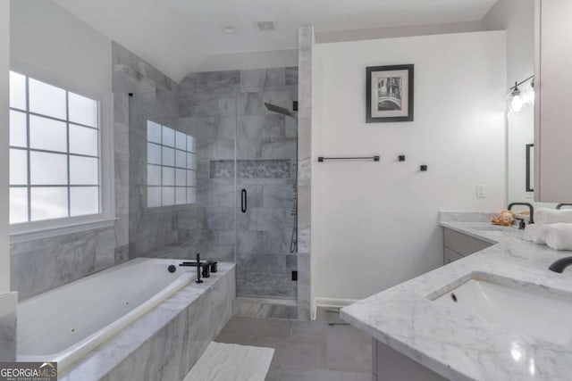 bathroom with separate shower and tub, tile patterned flooring, and vanity