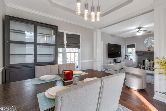 dining area featuring dark wood-type flooring, crown molding, plenty of natural light, and a tray ceiling