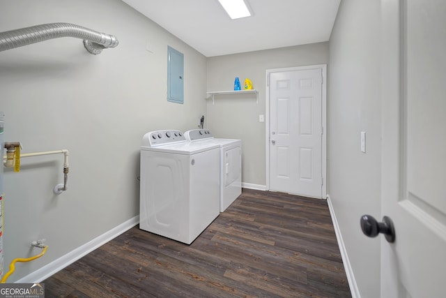 laundry area featuring electric panel, independent washer and dryer, and dark hardwood / wood-style flooring