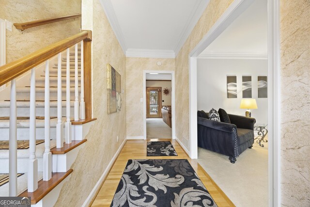 hallway with wood-type flooring and crown molding