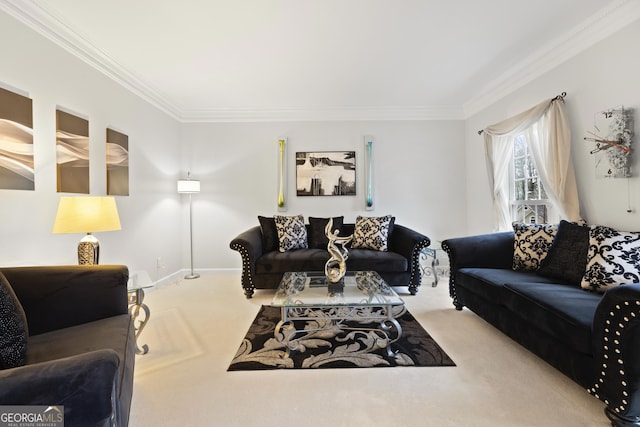 carpeted living room with crown molding