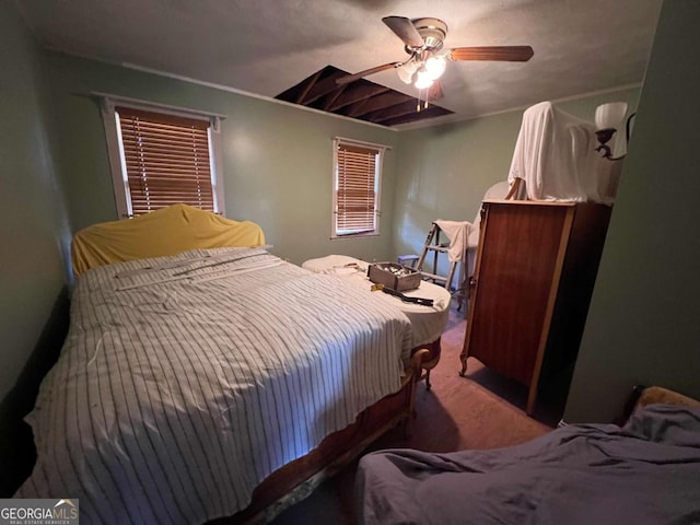 carpeted bedroom with ceiling fan