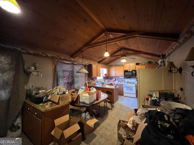 kitchen featuring vaulted ceiling with beams, ceiling fan, white range with electric cooktop, kitchen peninsula, and hanging light fixtures