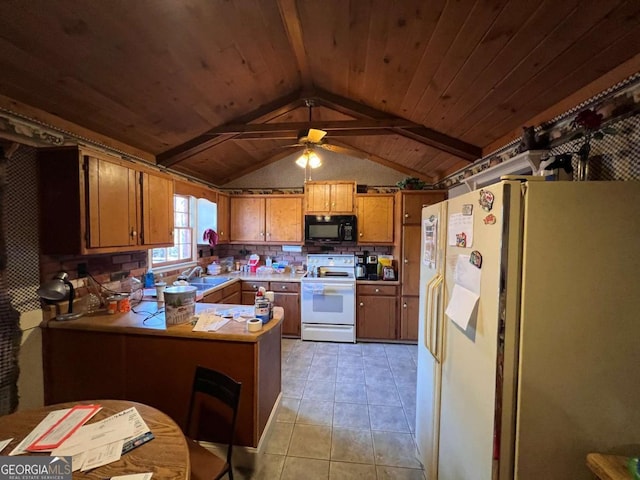 kitchen featuring kitchen peninsula, refrigerator, light tile patterned floors, white electric range, and vaulted ceiling with beams