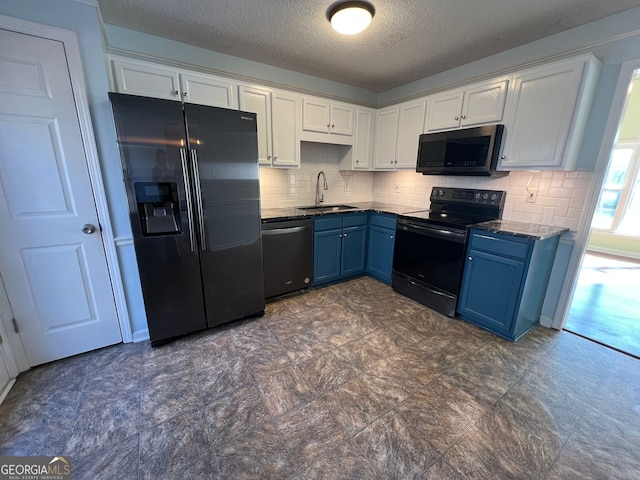 kitchen with blue cabinets, sink, white cabinets, and black appliances