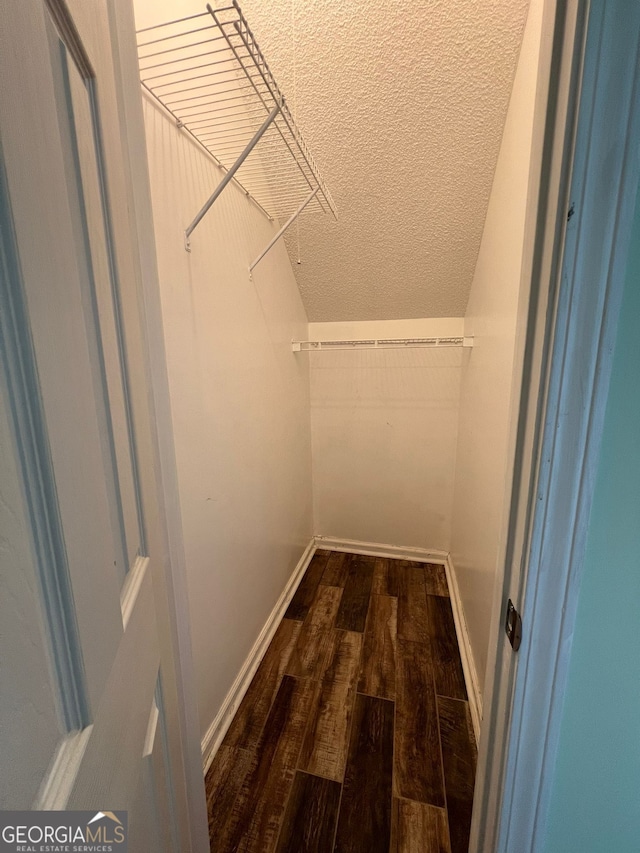 spacious closet featuring dark hardwood / wood-style flooring and vaulted ceiling