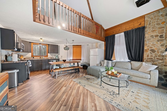 living room with sink, vaulted ceiling, and light hardwood / wood-style flooring