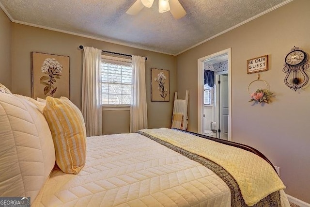 bedroom with ceiling fan, crown molding, and a textured ceiling