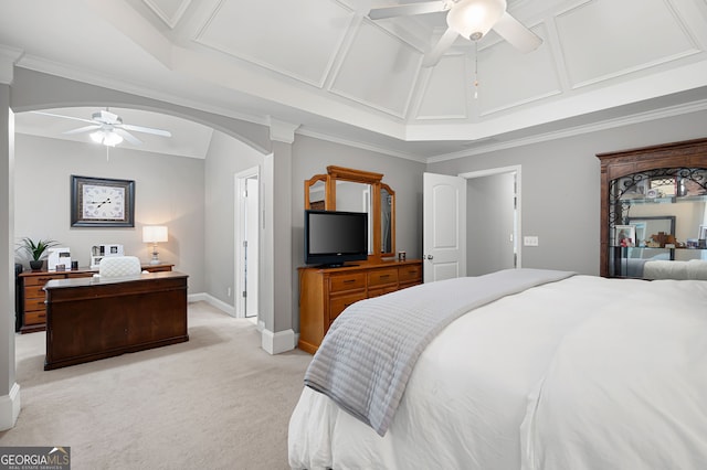 carpeted bedroom featuring crown molding, coffered ceiling, and ceiling fan