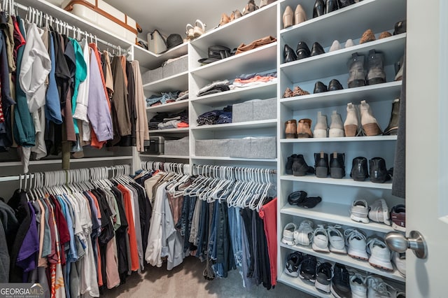 walk in closet with carpet floors