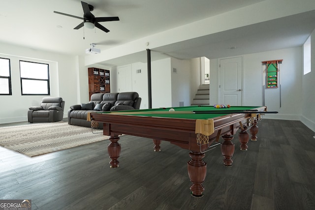 game room with ceiling fan, dark hardwood / wood-style flooring, and pool table