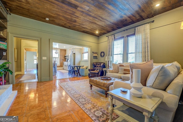 living room with light tile patterned floors and wood ceiling