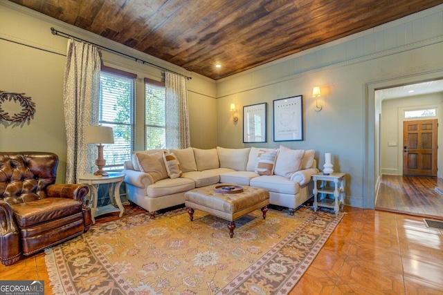 living room featuring light tile patterned floors and wood ceiling