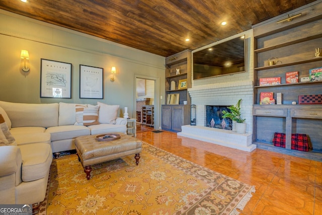 living room with tile patterned flooring, wood ceiling, a brick fireplace, and built in features