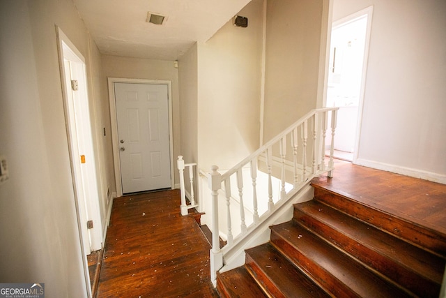 stairs with hardwood / wood-style flooring