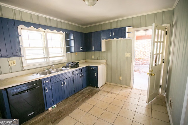 kitchen with blue cabinetry, crown molding, sink, black dishwasher, and light tile patterned flooring