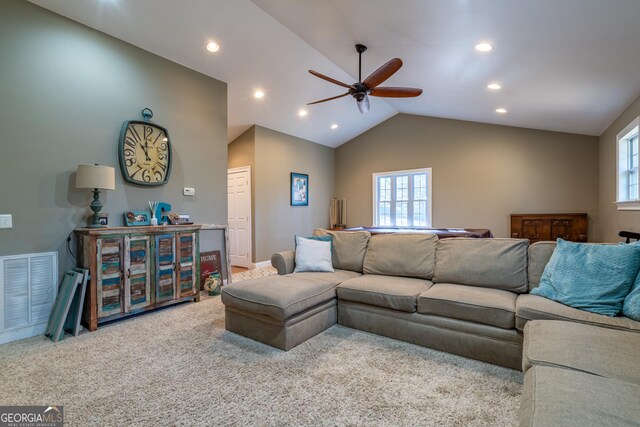 recreation room with ceiling fan, light colored carpet, billiards, and vaulted ceiling