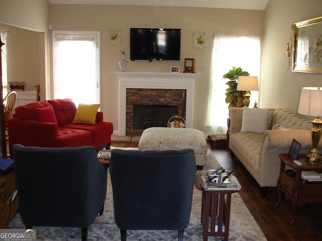 living room featuring a wealth of natural light, a fireplace, and wood finished floors