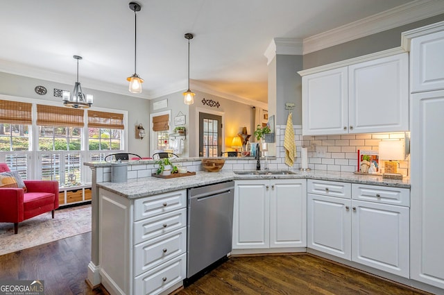 1231 Scarlet Oak Cir, Athens, GA 30606 - kitchen featuring a sink, dishwasher, a peninsula, dark wood-type flooring, and crown molding