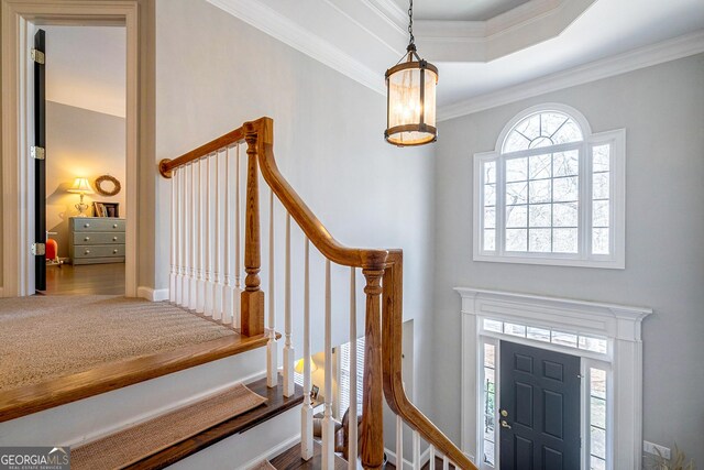 1231 Scarlet Oak Cir, Athens, GA 30606 - foyer entrance featuring crown molding, stairs, wood finished floors, and a raised ceiling