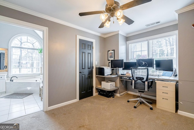 1231 Scarlet Oak Cir, Athens, GA 30606 - carpeted home office with a ceiling fan, baseboards, and crown molding