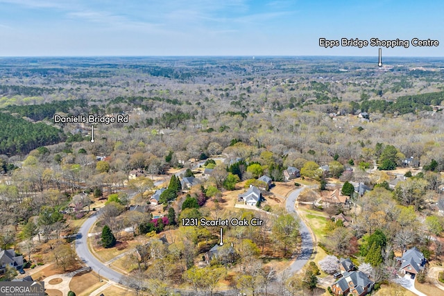 1231 Scarlet Oak Cir, Athens, GA 30606 - aerial view of property and surrounding area featuring a heavily wooded area and nearby suburban area