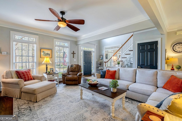 1231 Scarlet Oak Cir, Athens, GA 30606 - living room featuring ornamental molding, stairway, wood finished floors, and a ceiling fan