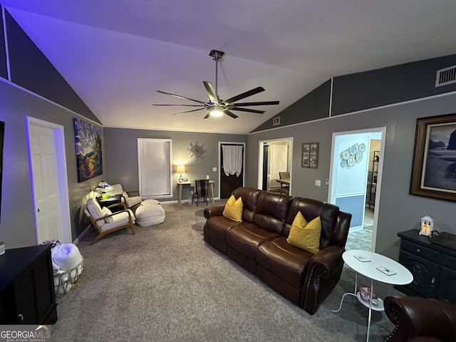 carpeted living room with lofted ceiling and ceiling fan