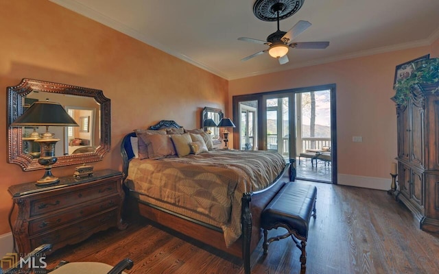 bedroom featuring dark hardwood / wood-style flooring, access to exterior, ornamental molding, and ceiling fan