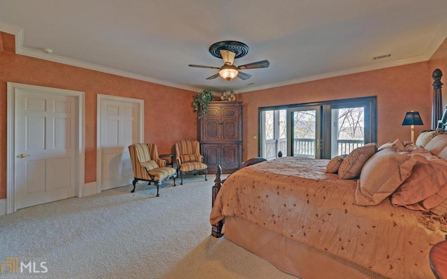 bedroom featuring ornamental molding, access to exterior, and ceiling fan