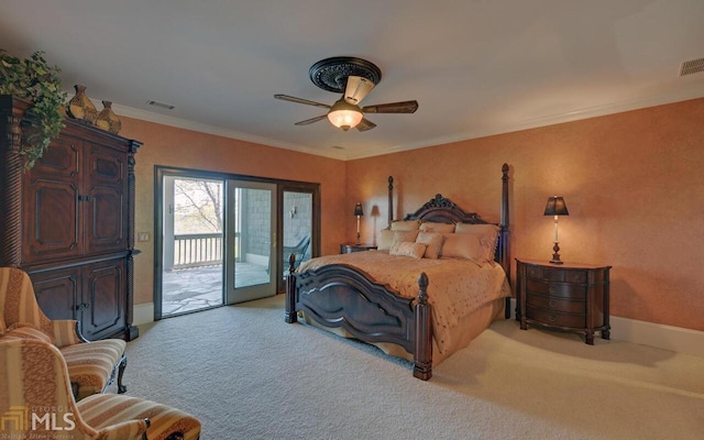 carpeted bedroom with crown molding, ceiling fan, and access to exterior