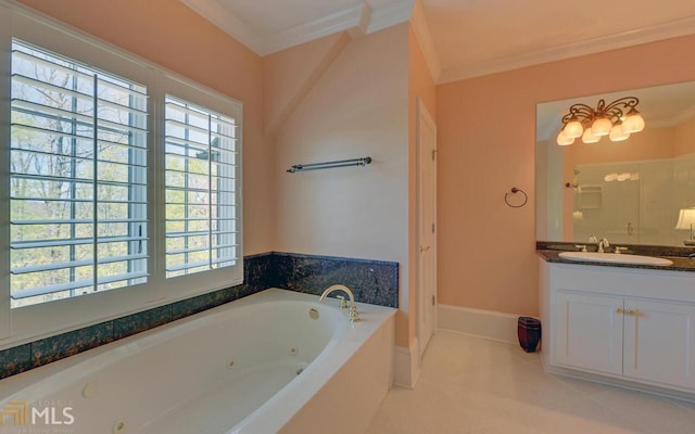 bathroom with tile patterned flooring, a bathtub, crown molding, and vanity