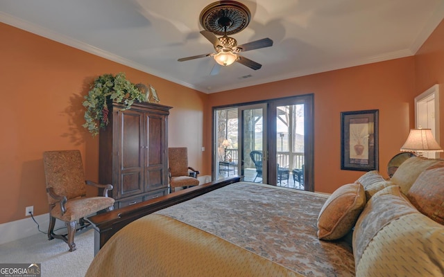 bedroom with crown molding, access to outside, and ceiling fan