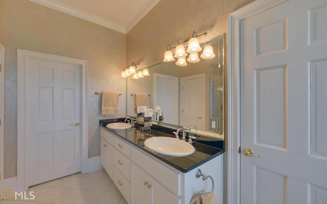 bathroom featuring vanity, tile patterned floors, and ornamental molding