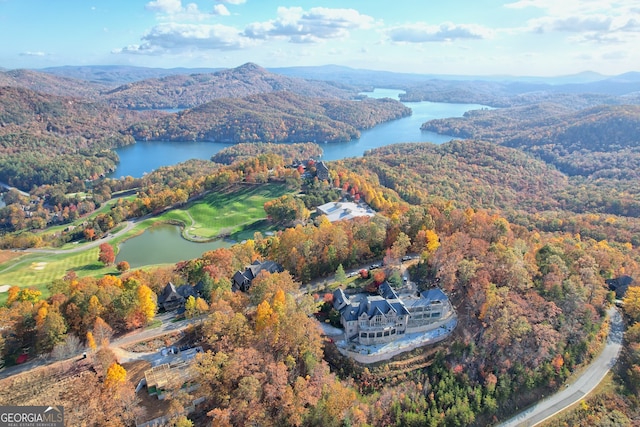 bird's eye view featuring a water and mountain view