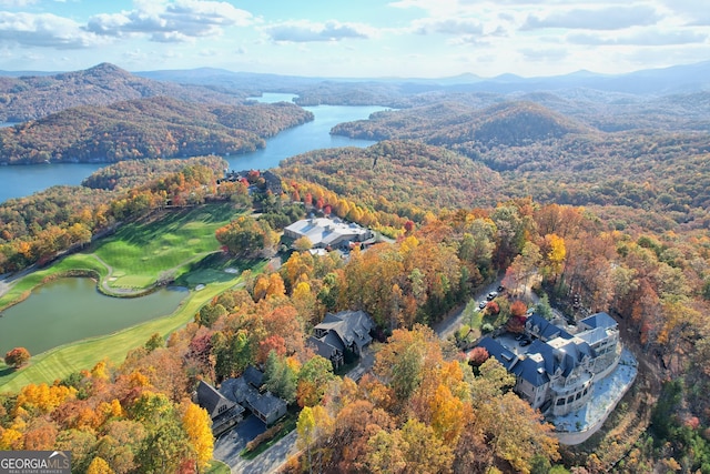 bird's eye view with a water and mountain view