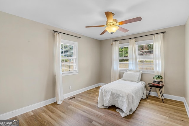 bedroom featuring ceiling fan and light hardwood / wood-style floors