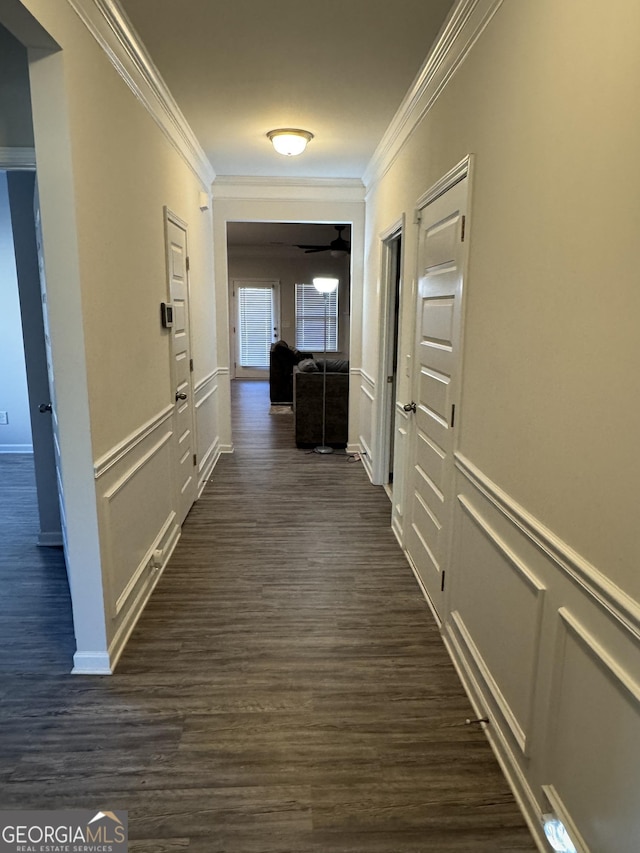 hallway with dark wood-type flooring and crown molding