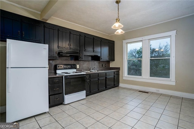 kitchen featuring pendant lighting, beamed ceiling, white fridge, sink, and electric range