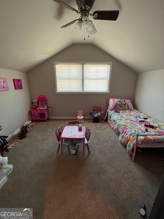 bedroom with carpet, vaulted ceiling, and ceiling fan